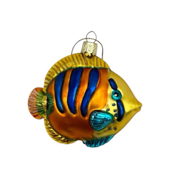 Blue Gold Orange Saltwater Fish Blown Glass Christmas Holiday Ornament 4” EUC - Picture 3 of 7